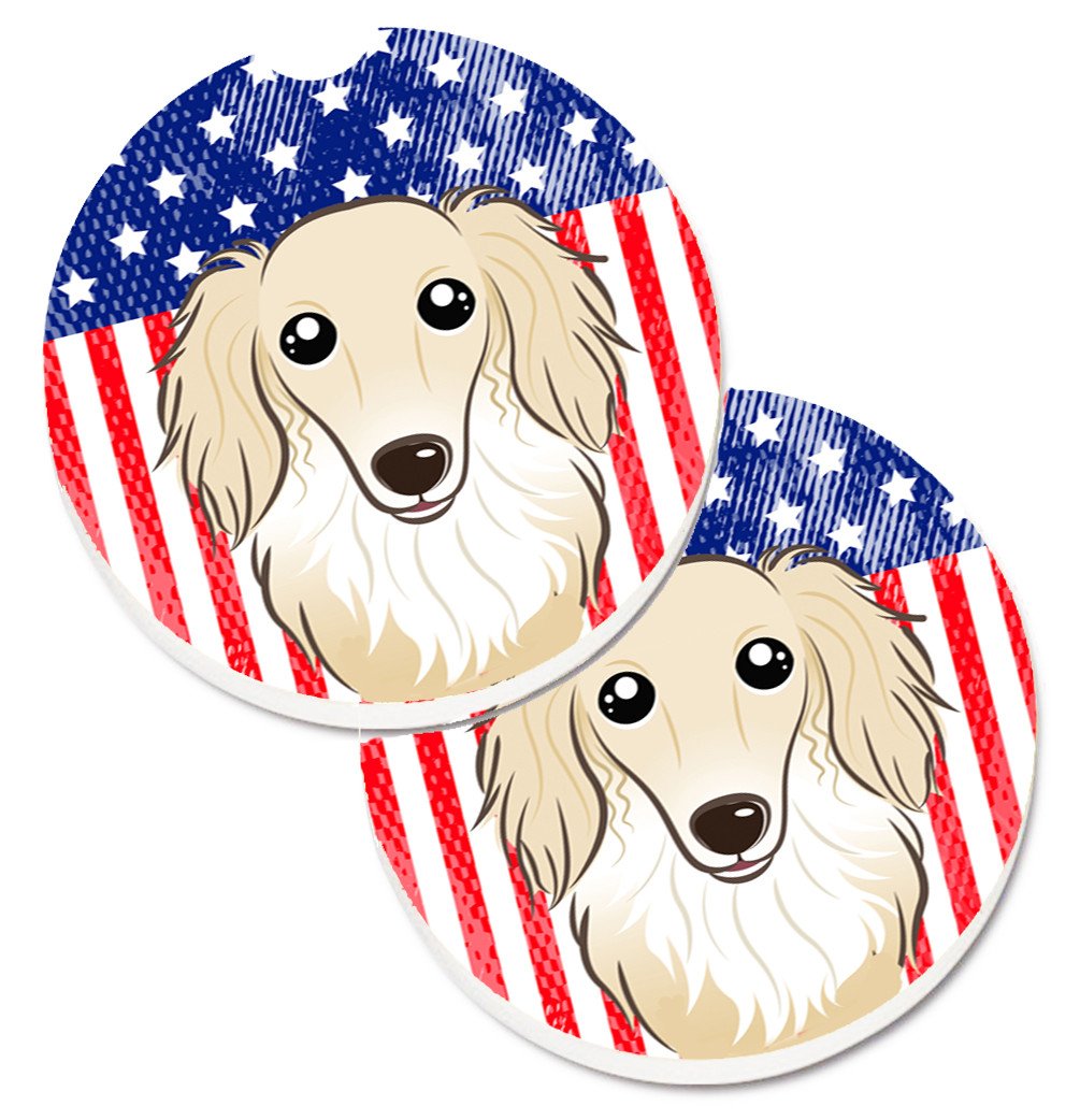 American Flag and Longhair Creme Dachshund Set of 2 Cup Holder Car Coasters BB2142CARC by Caroline&#39;s Treasures