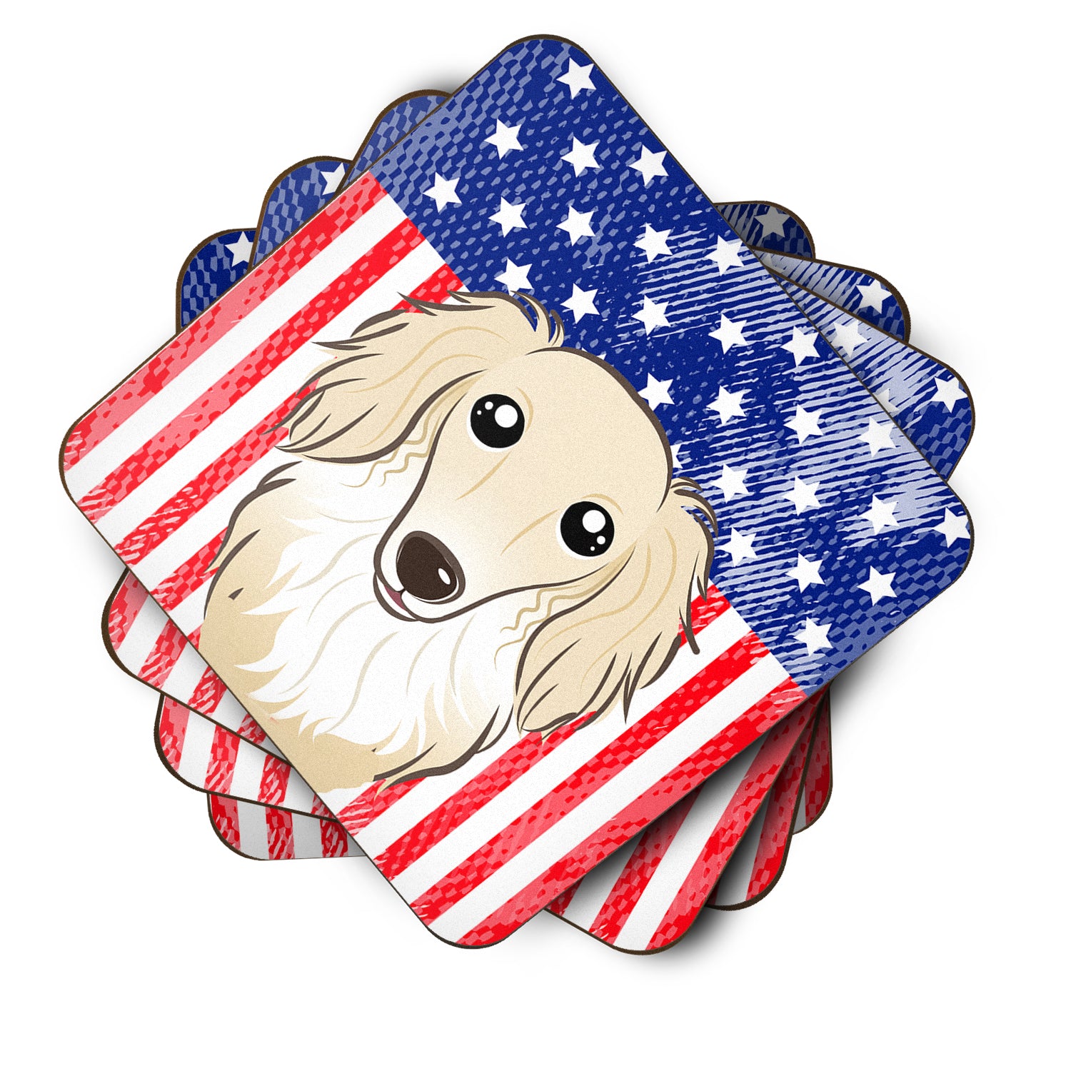 American Flag and Longhair Creme Dachshund Foam Coaster Set of 4 - the-store.com