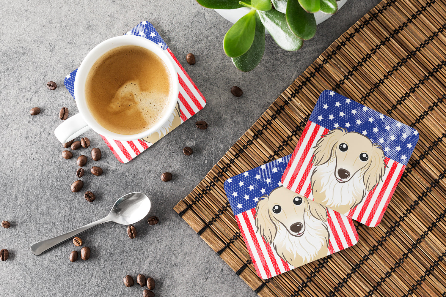 American Flag and Longhair Creme Dachshund Foam Coaster Set of 4 - the-store.com