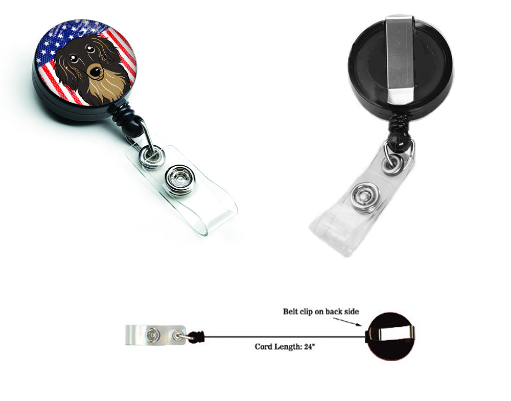 American Flag and Longhair Black and Tan Dachshund Retractable Badge Reel BB2143BR