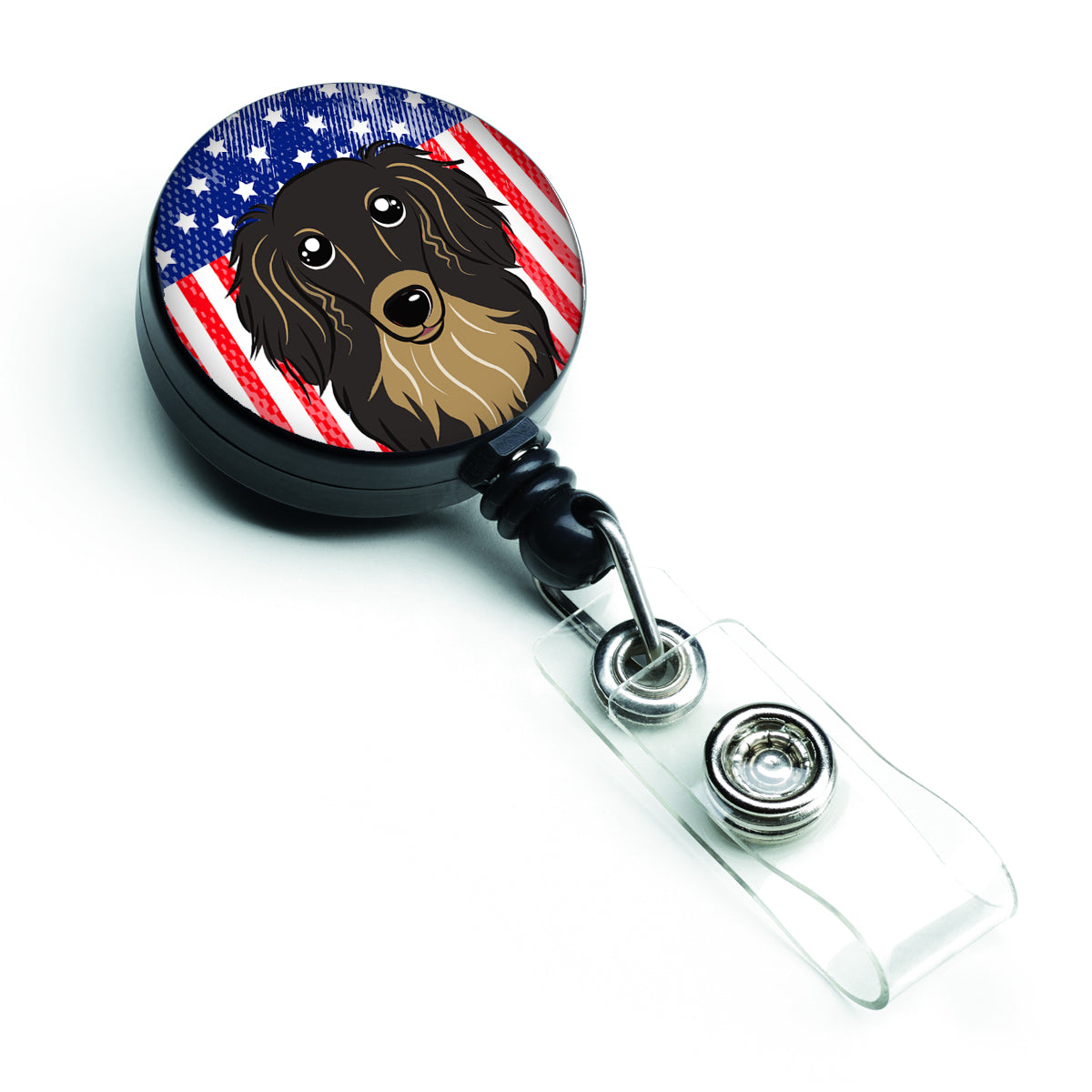 American Flag and Longhair Black and Tan Dachshund Retractable Badge Reel BB2143BR