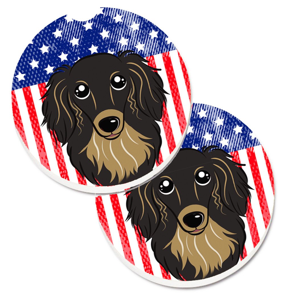 American Flag and Longhair Black and Tan Dachshund Set of 2 Cup Holder Car Coasters BB2143CARC by Caroline&#39;s Treasures