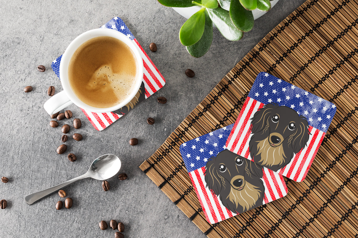 American Flag and Longhair Black and Tan Dachshund Foam Coaster Set of 4 - the-store.com
