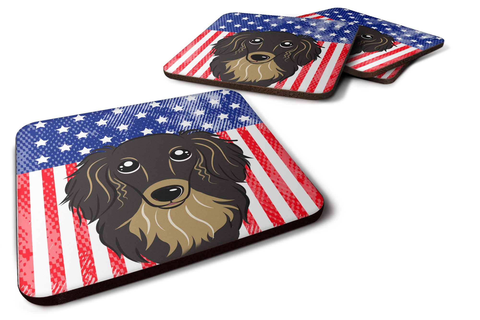 American Flag and Longhair Black and Tan Dachshund Foam Coaster Set of 4 - the-store.com