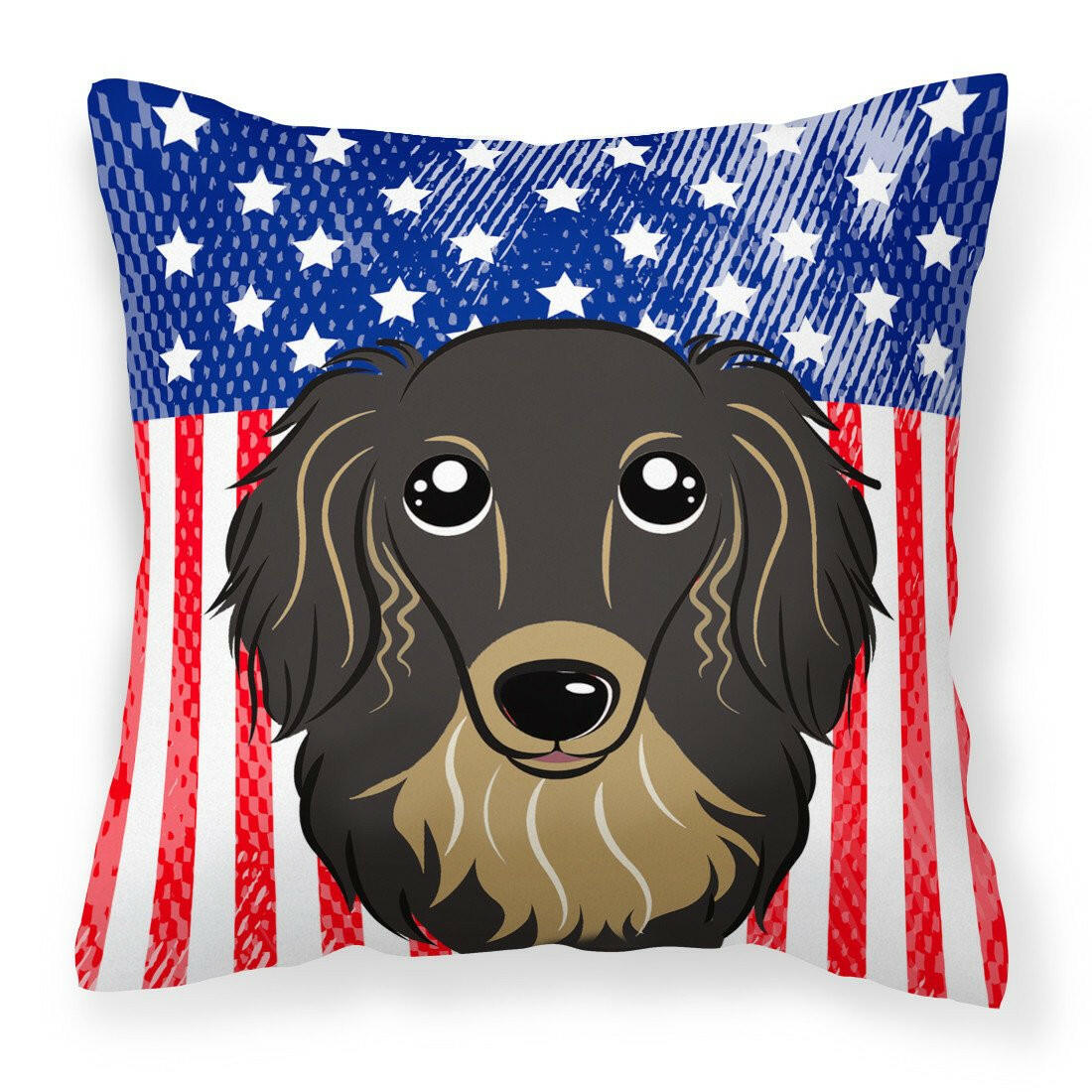 American Flag and Longhair Black and Tan Dachshund Fabric Decorative Pillow BB2143PW1414 - the-store.com