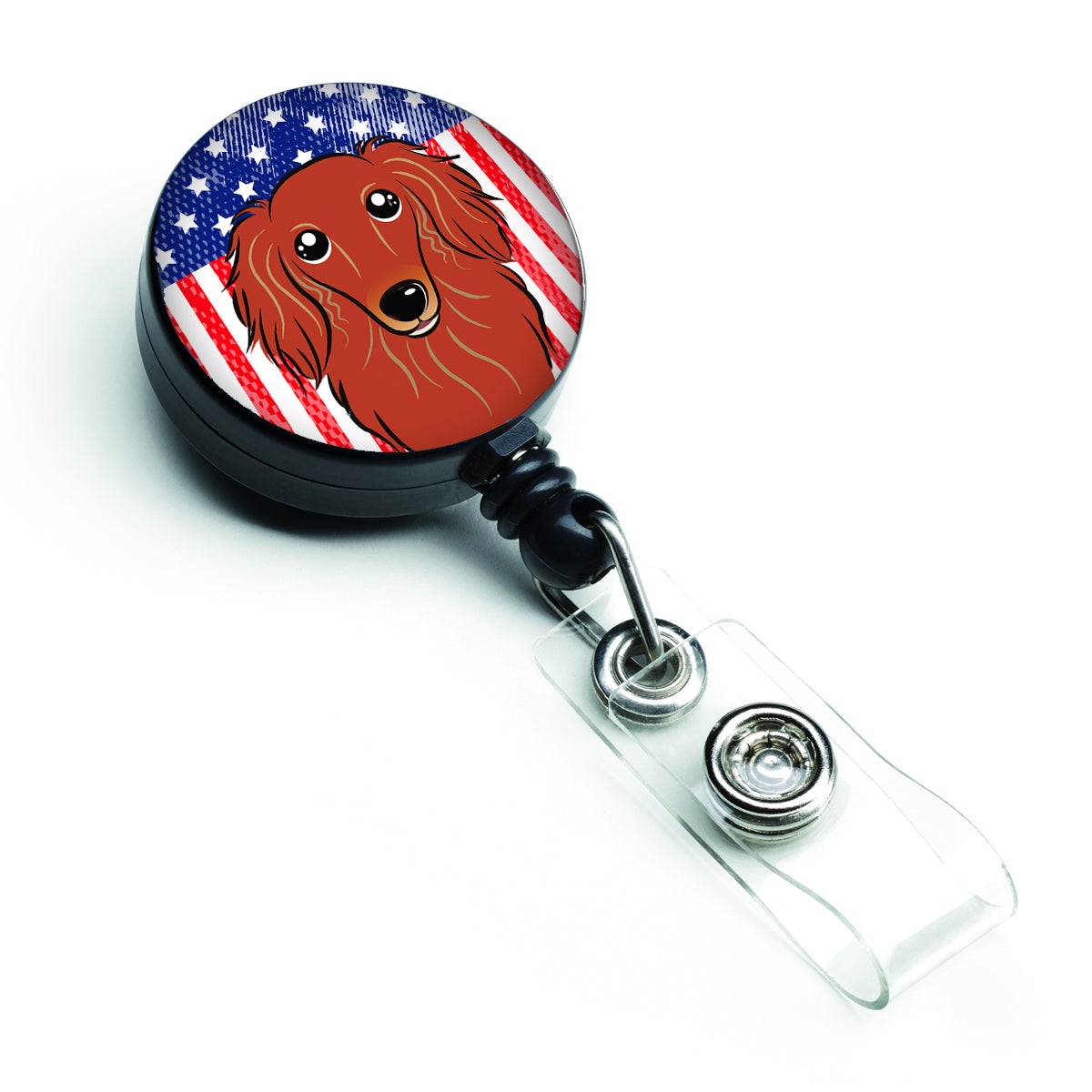 Bobine de badge rétractable drapeau américain et poil long teckel rouge BB2144BR