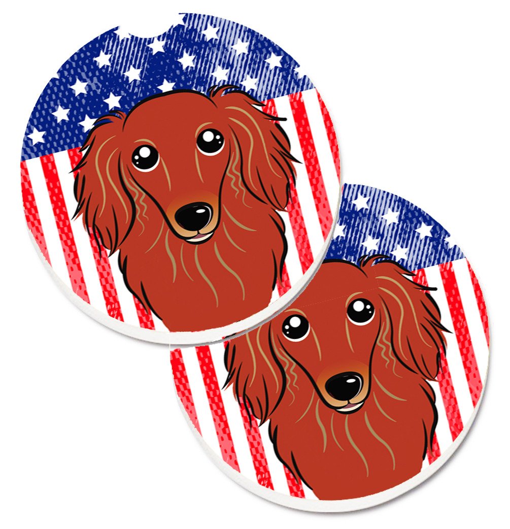 American Flag and Longhair Red Dachshund Set of 2 Cup Holder Car Coasters BB2144CARC by Caroline&#39;s Treasures
