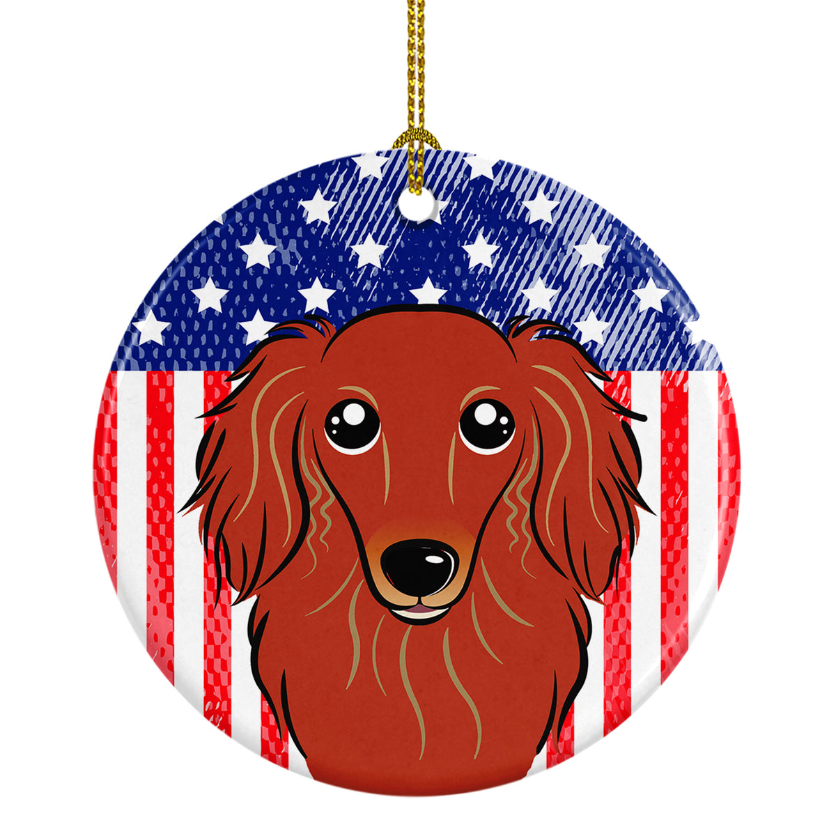 American Flag and Longhair Red Dachshund Ceramic Ornament - the-store.com