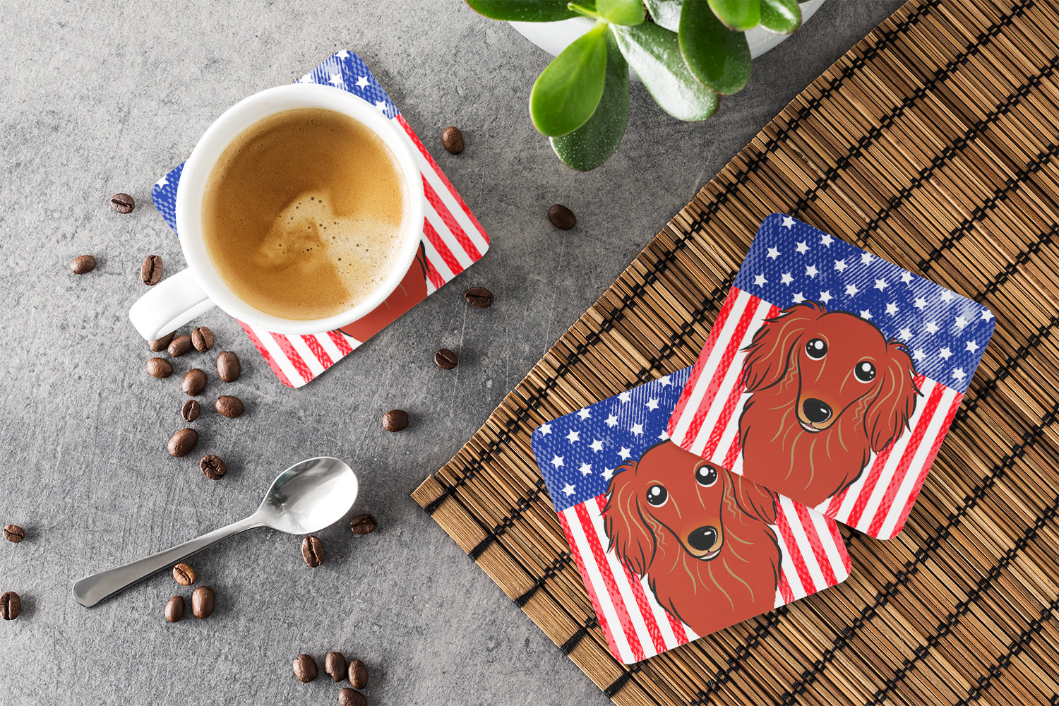 American Flag and Longhair Red Dachshund Foam Coaster BB2144FC - the-store.com