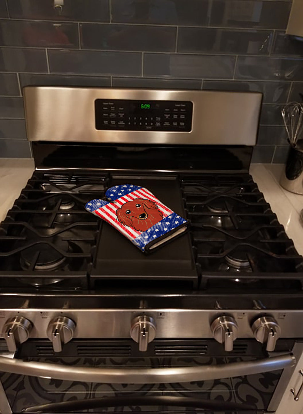 American Flag and Longhair Red Dachshund Oven Mitt BB2144OVMT  the-store.com.