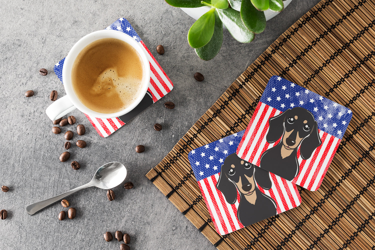 American Flag and Smooth Black and Tan Dachshund Foam Coaster Set of 4 - the-store.com