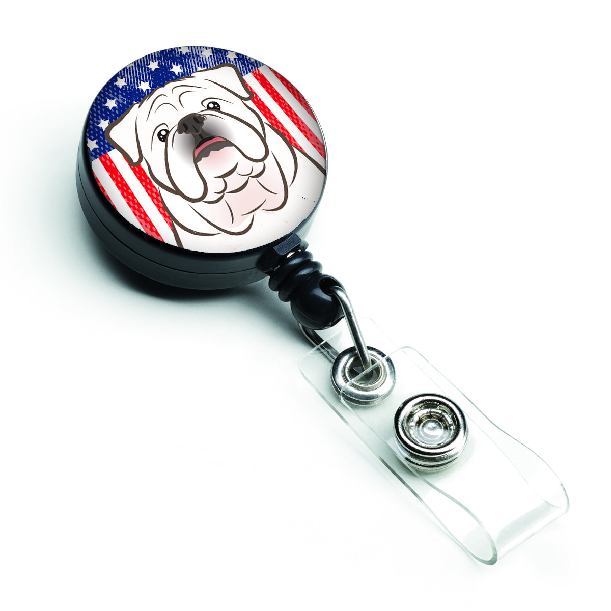 Bobine de badge rétractable drapeau américain et bouledogue anglais blanc BB2150BR
