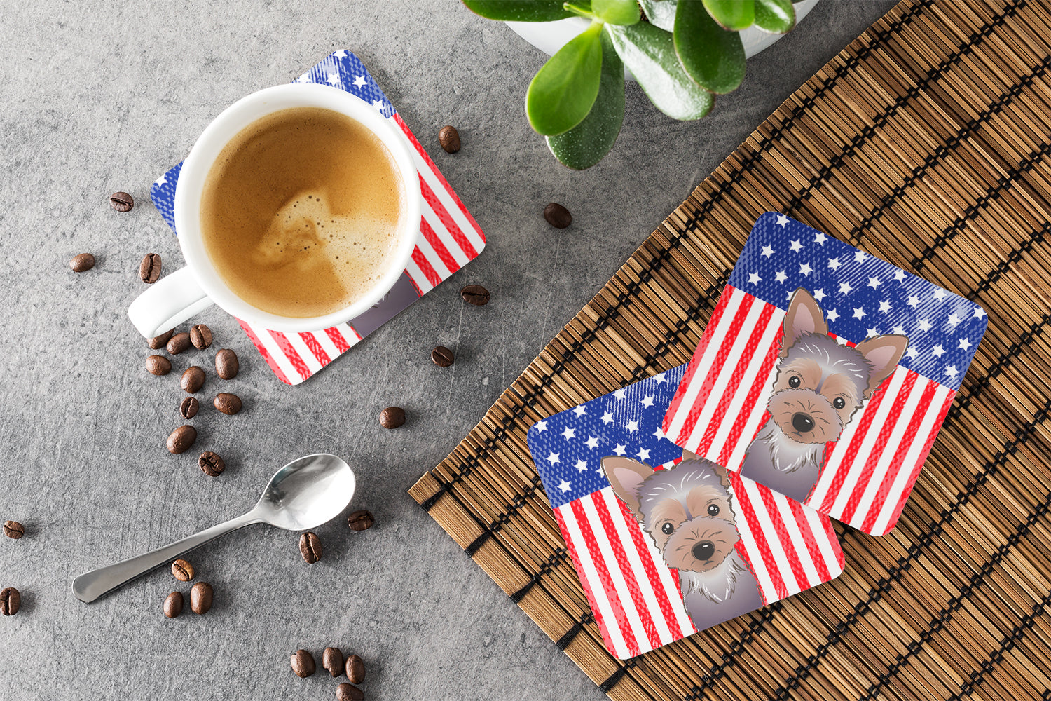American Flag and Yorkie Puppy Foam Coaster Set of 4 - the-store.com
