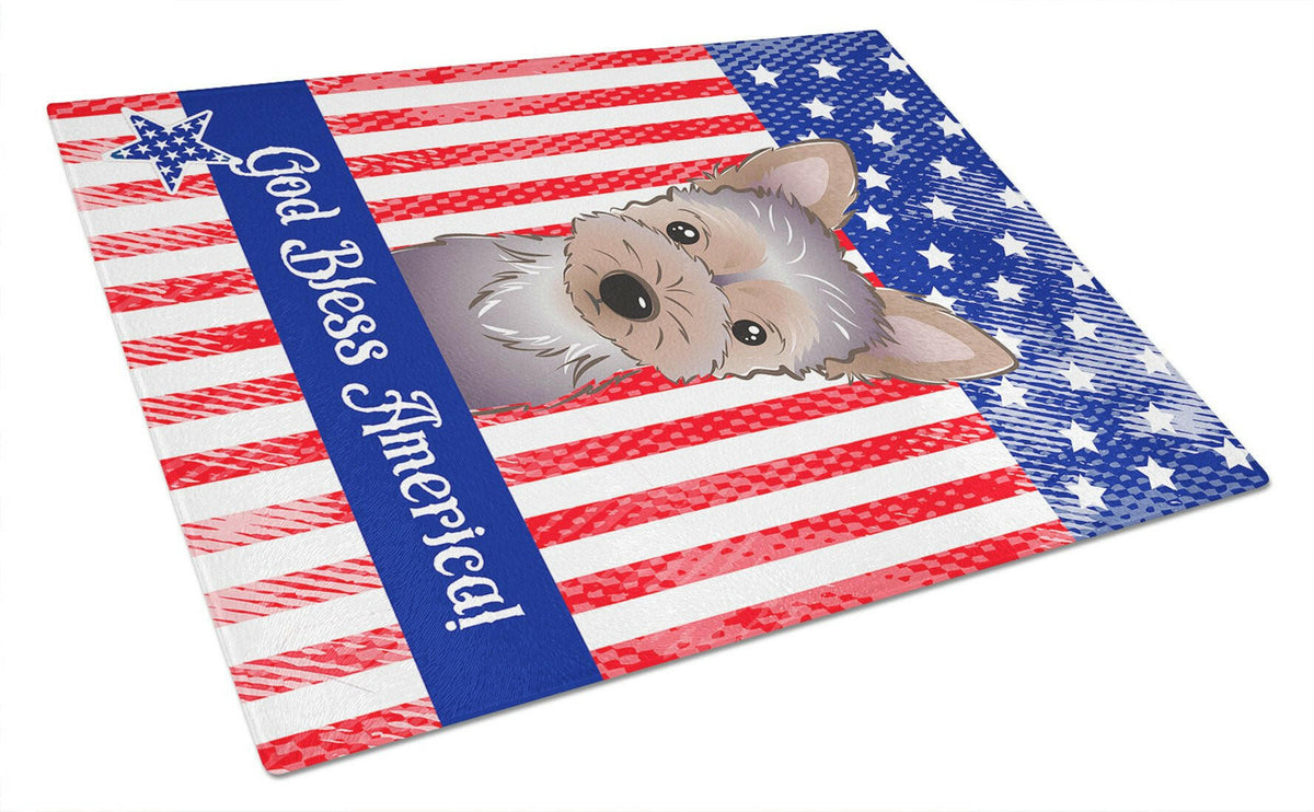 God Bless American Flag with Yorkie Puppy Glass Cutting Board Large BB2162LCB by Caroline&#39;s Treasures