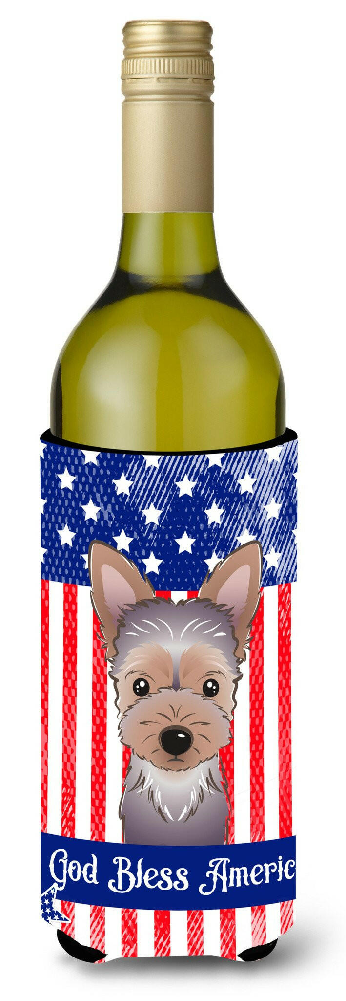 God Bless American Flag with Yorkie Puppy Wine Bottle Beverage Insulator Hugger BB2162LITERK by Caroline&#39;s Treasures