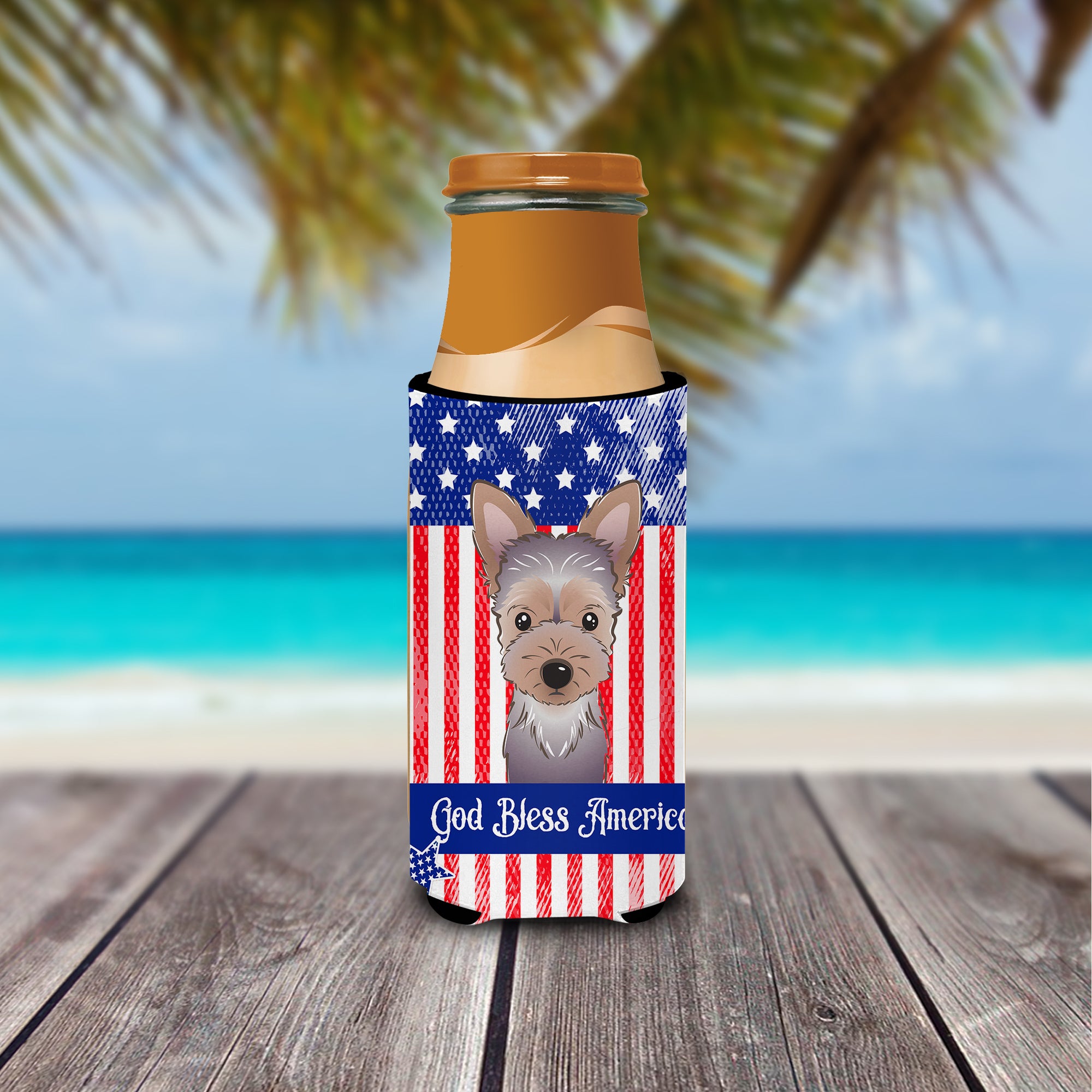 God Bless American Flag with Yorkie Puppy  Ultra Beverage Insulator for slim cans BB2162MUK