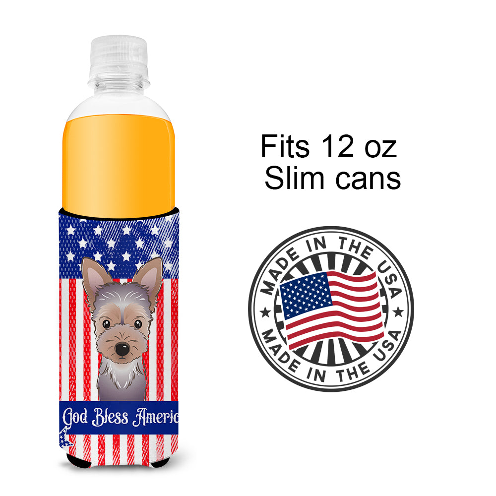 God Bless American Flag with Yorkie Puppy  Ultra Beverage Insulator for slim cans BB2162MUK  the-store.com.