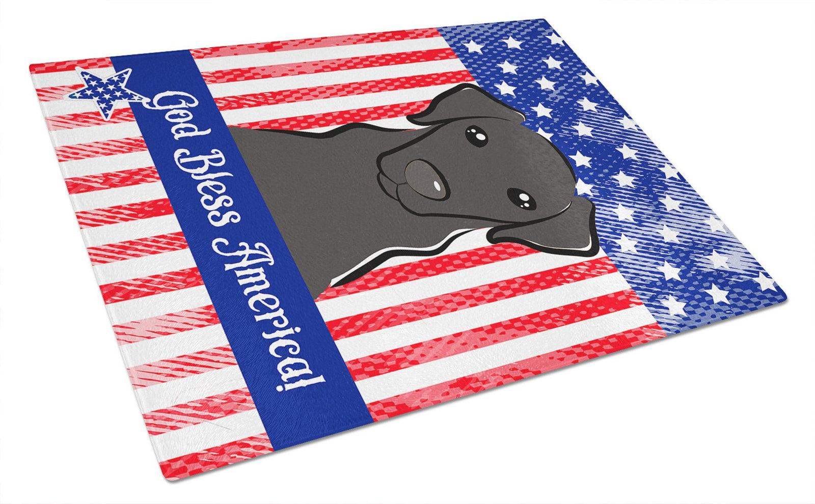 God Bless American Flag with Black Labrador Glass Cutting Board Large BB2165LCB by Caroline's Treasures