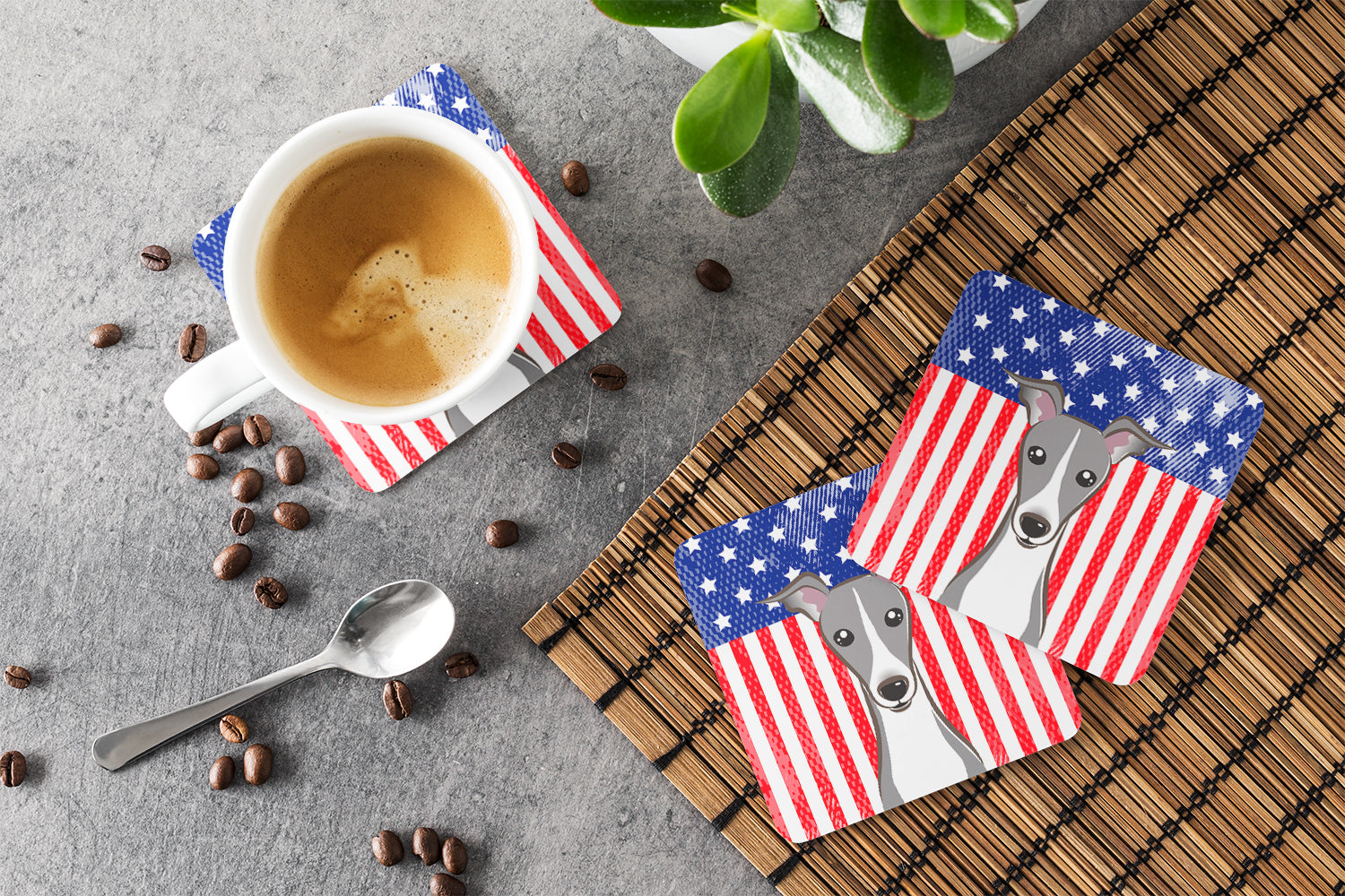 Set of 4 American Flag and Italian Greyhound Foam Coasters BB2166FC - the-store.com