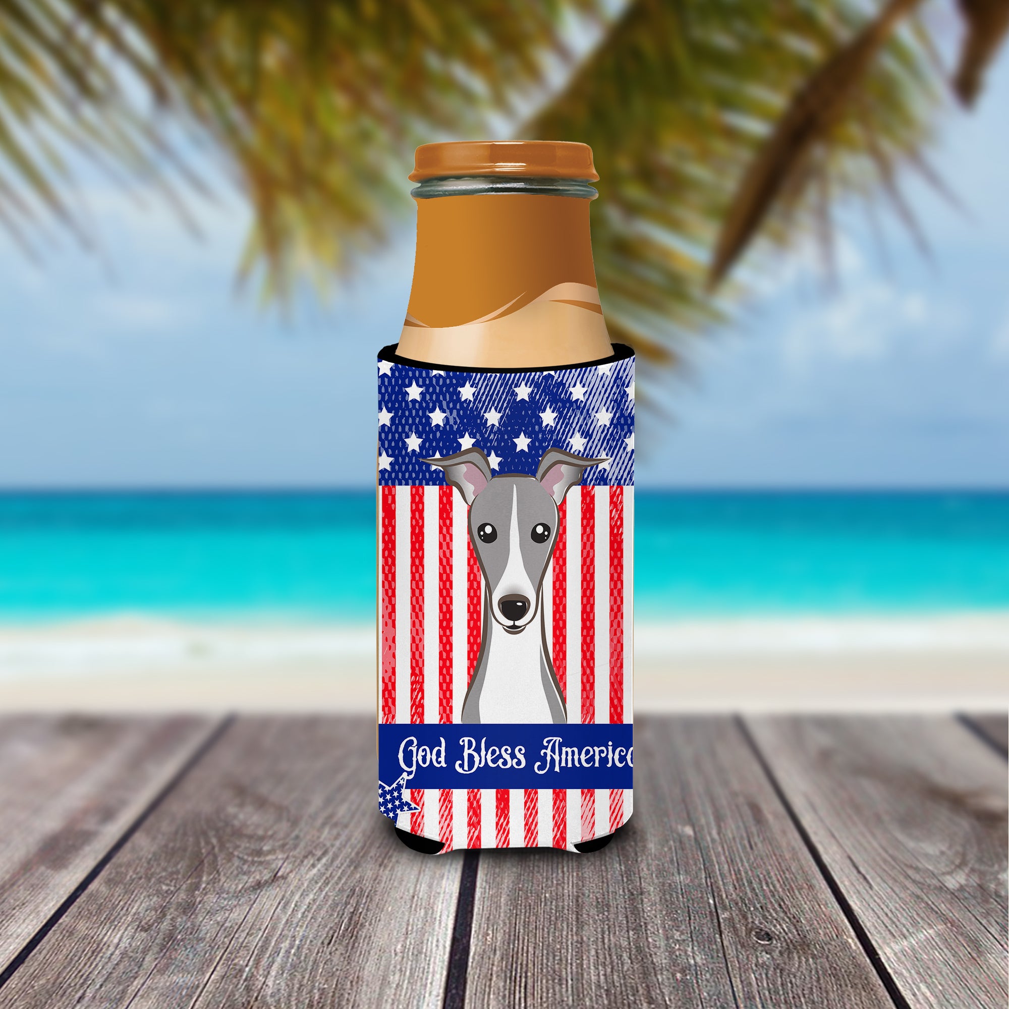 God Bless American Flag with Italian Greyhound  Ultra Beverage Insulator for slim cans BB2166MUK  the-store.com.