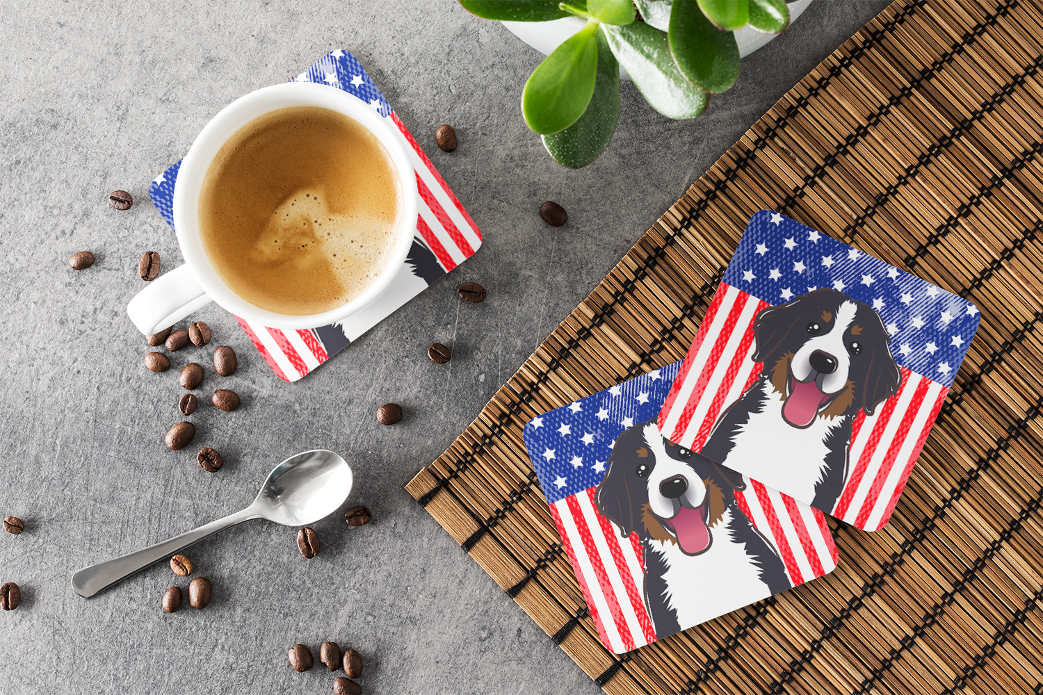 American Flag and Bernese Mountain Dog Foam Coaster Set of 4 - the-store.com