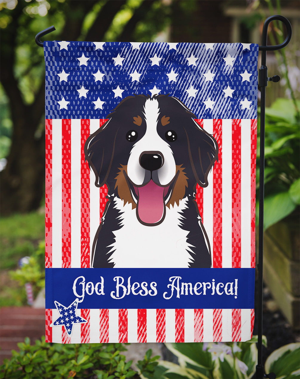 God Bless American Flag with Bernese Mountain Dog Flag Garden Size BB2167GF.