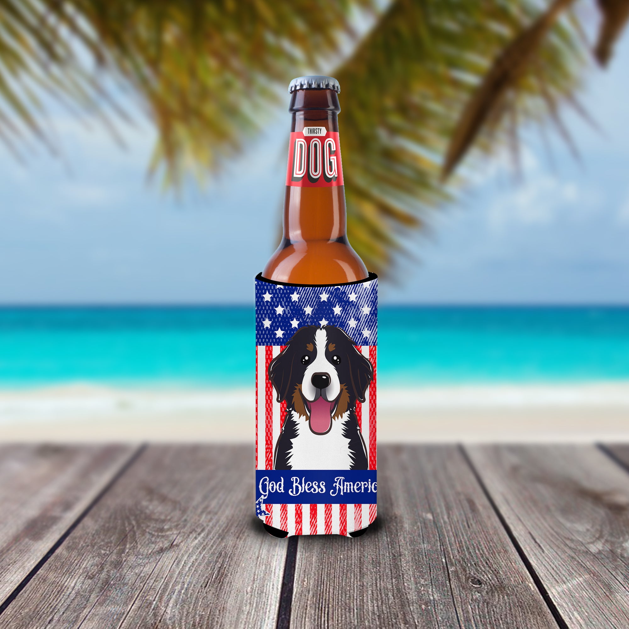 God Bless American Flag with Bernese Mountain Dog  Ultra Beverage Insulator for slim cans BB2167MUK