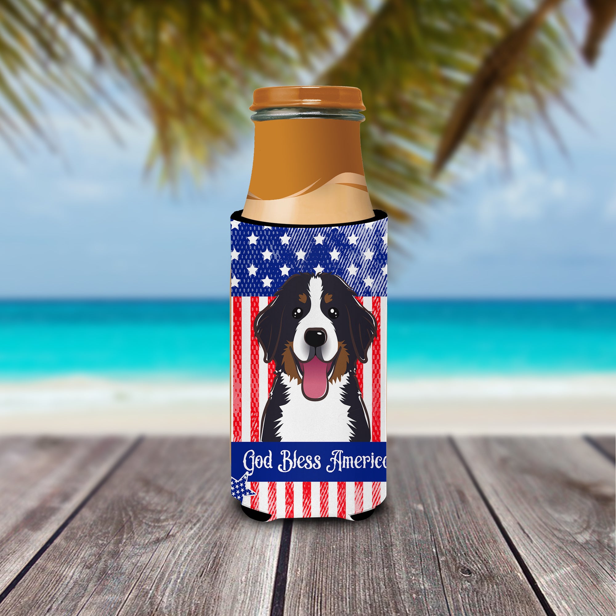 God Bless American Flag with Bernese Mountain Dog  Ultra Beverage Insulator for slim cans BB2167MUK  the-store.com.
