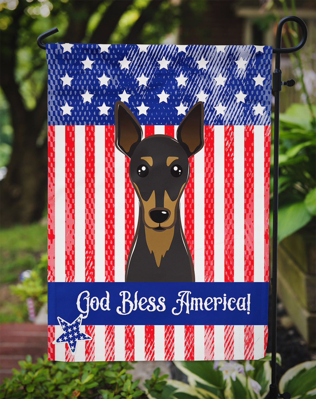 God Bless American Flag with Min Pin Flag Garden Size BB2170GF.