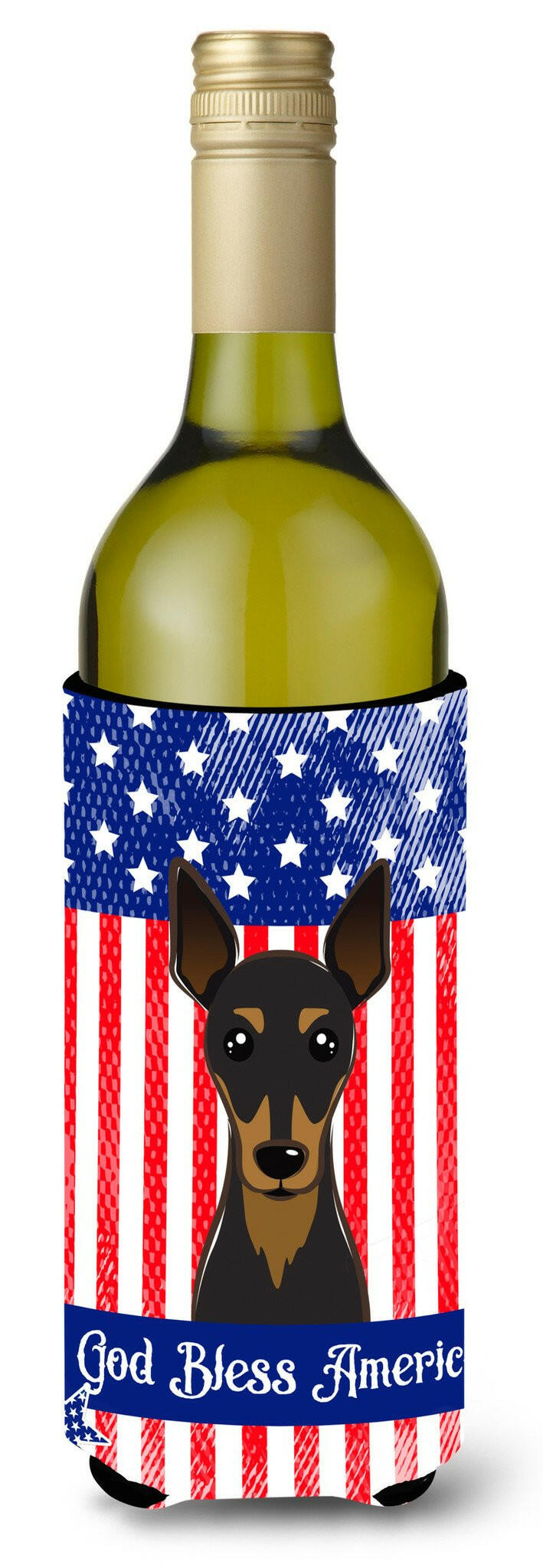 God Bless American Flag with Min Pin Wine Bottle Beverage Insulator Hugger BB2170LITERK by Caroline&#39;s Treasures