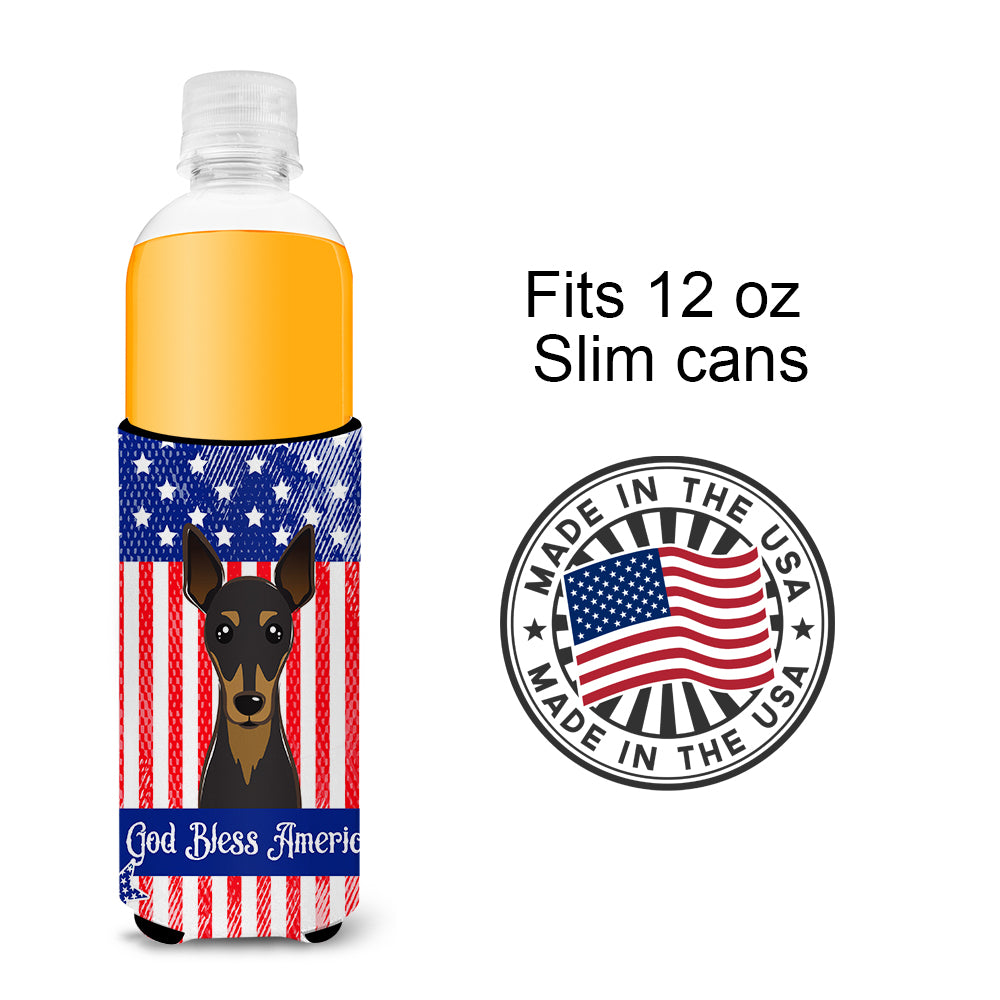 God Bless American Flag with Min Pin  Ultra Beverage Insulator for slim cans BB2170MUK  the-store.com.