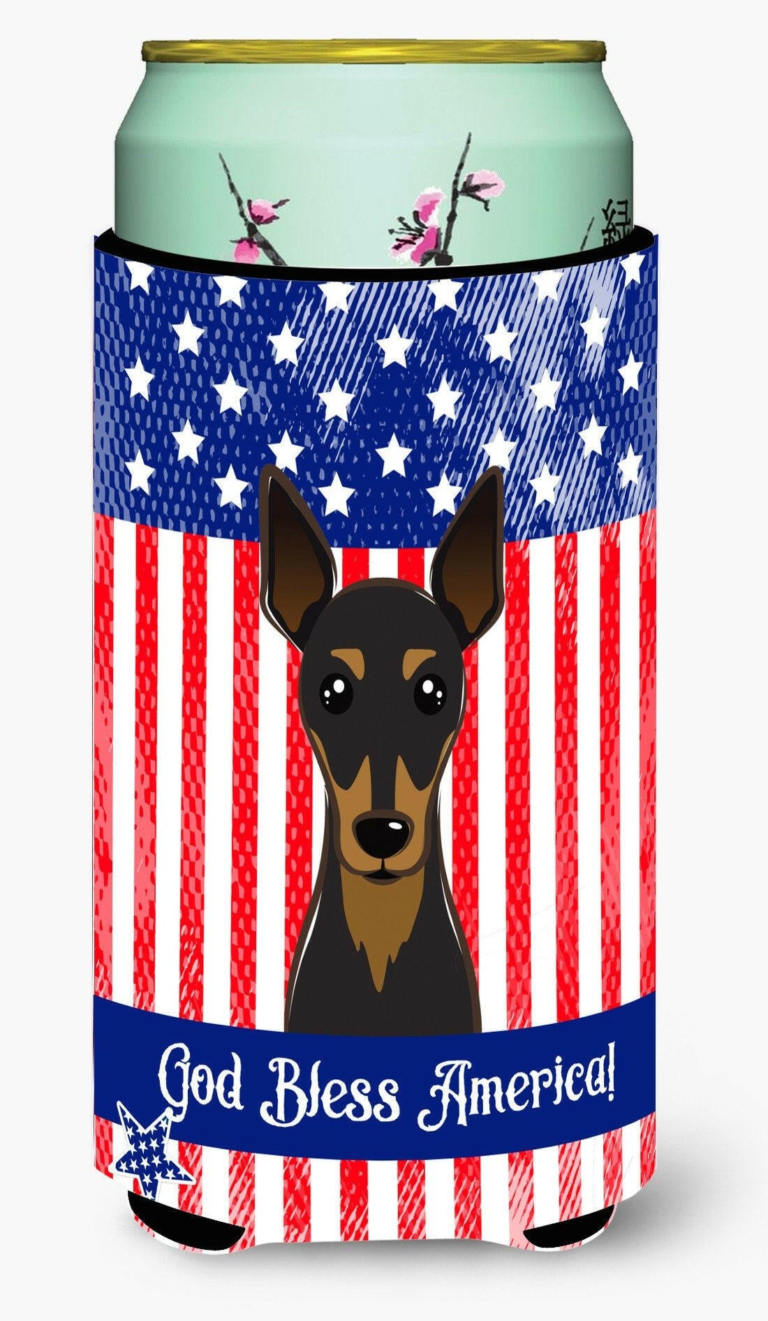 God Bless American Flag with Min Pin Tall Boy Beverage Insulator Hugger BB2170TBC by Caroline&#39;s Treasures