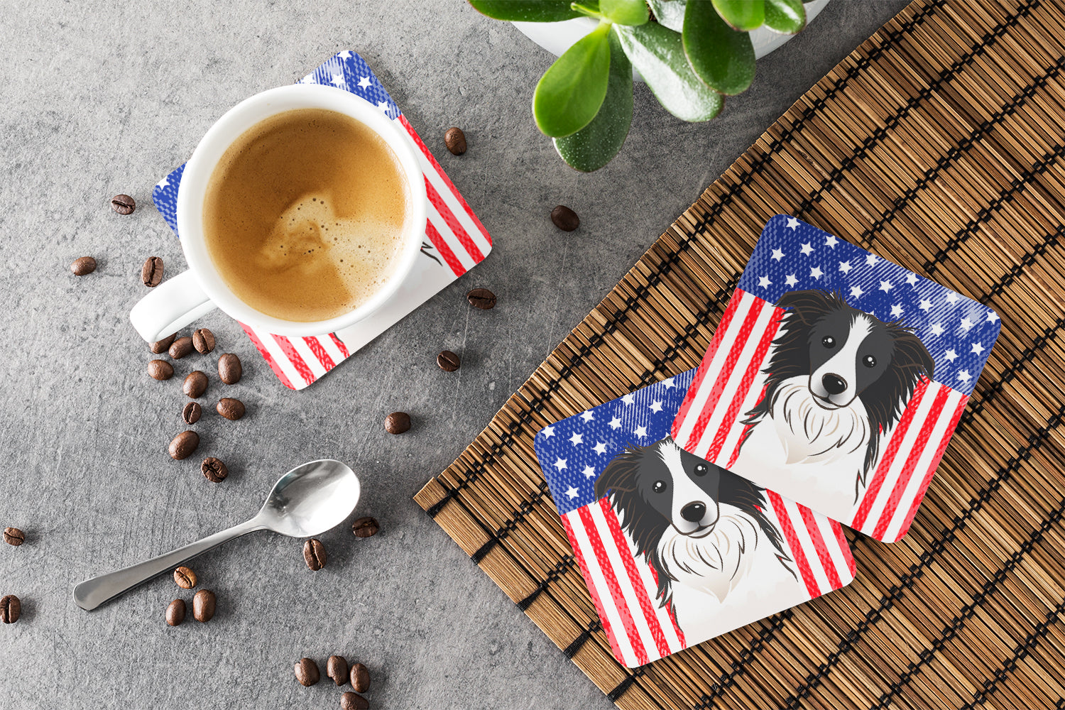 American Flag and Border Collie Foam Coaster Set of 4 - the-store.com