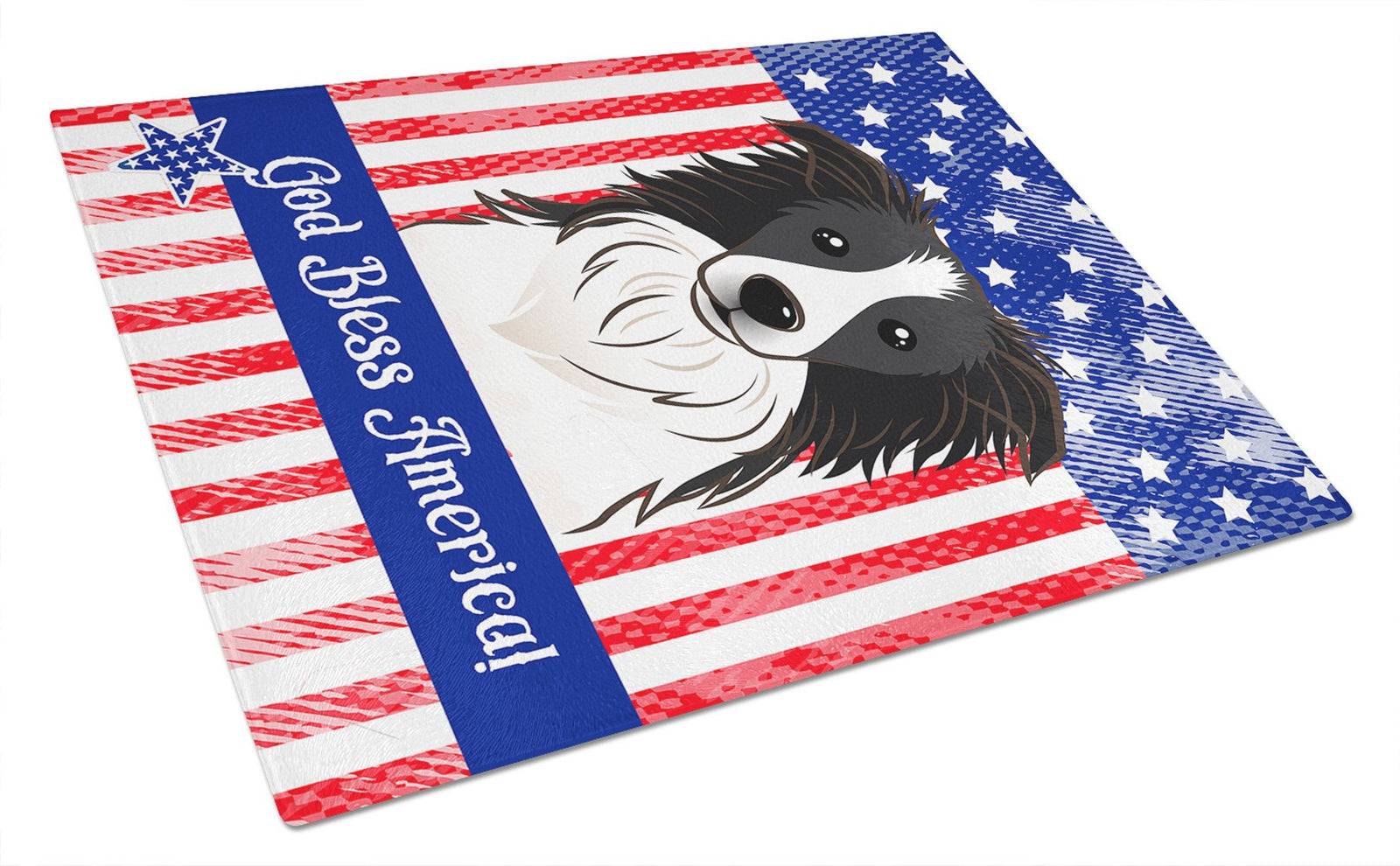 God Bless American Flag with Border Collie Glass Cutting Board Large BB2171LCB by Caroline's Treasures