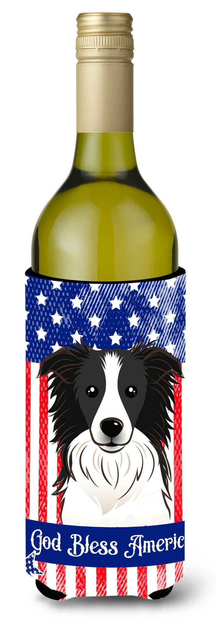 God Bless American Flag with Border Collie Wine Bottle Beverage Insulator Hugger BB2171LITERK by Caroline&#39;s Treasures