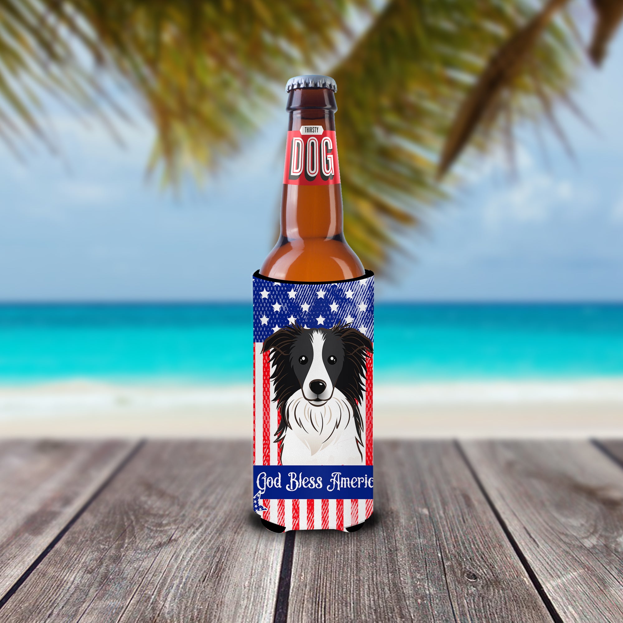 God Bless American Flag with Border Collie  Ultra Beverage Insulator for slim cans BB2171MUK  the-store.com.