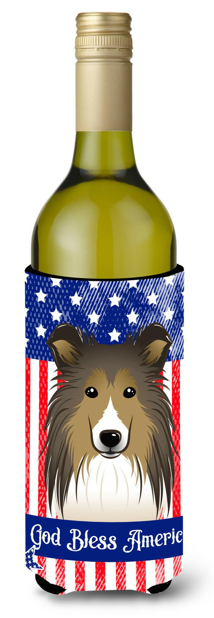 God Bless American Flag with Sheltie Wine Bottle Beverage Insulator Hugger BB2172LITERK by Caroline&#39;s Treasures