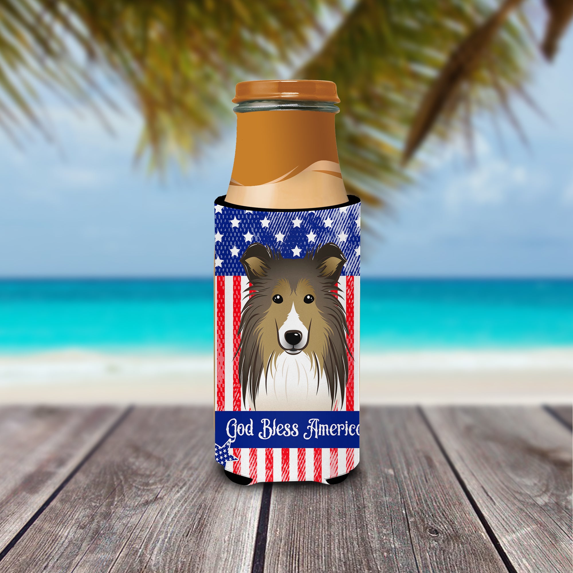 God Bless American Flag with Sheltie  Ultra Beverage Insulator for slim cans BB2172MUK  the-store.com.