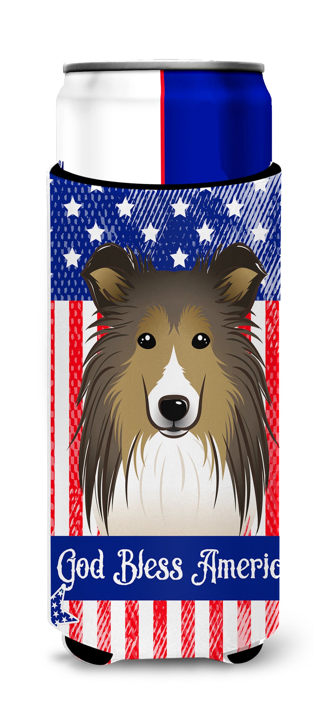 God Bless American Flag with Sheltie  Ultra Beverage Insulator for slim cans BB2172MUK  the-store.com.