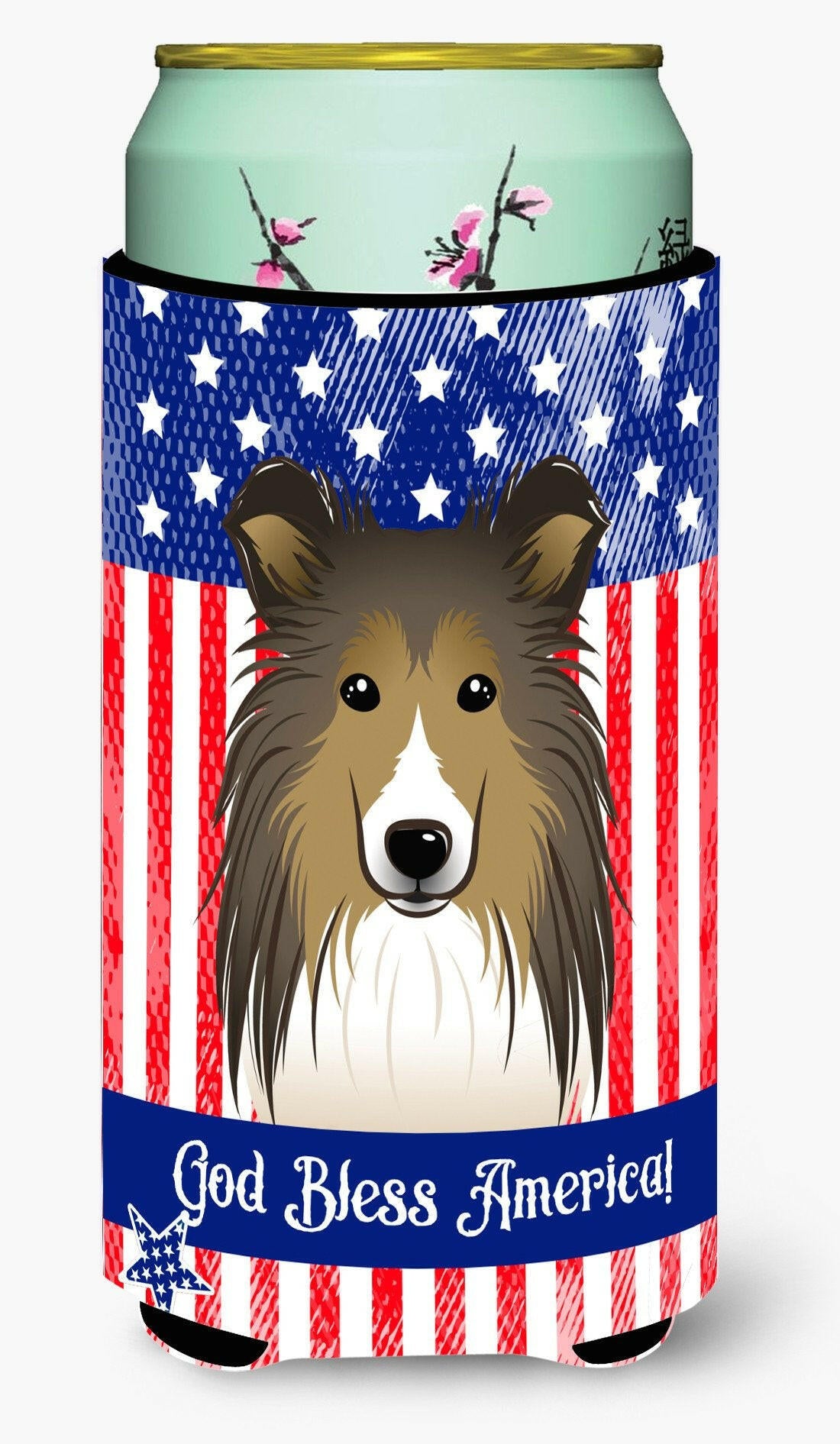 God Bless American Flag with Sheltie Tall Boy Beverage Insulator Hugger BB2172TBC by Caroline&#39;s Treasures