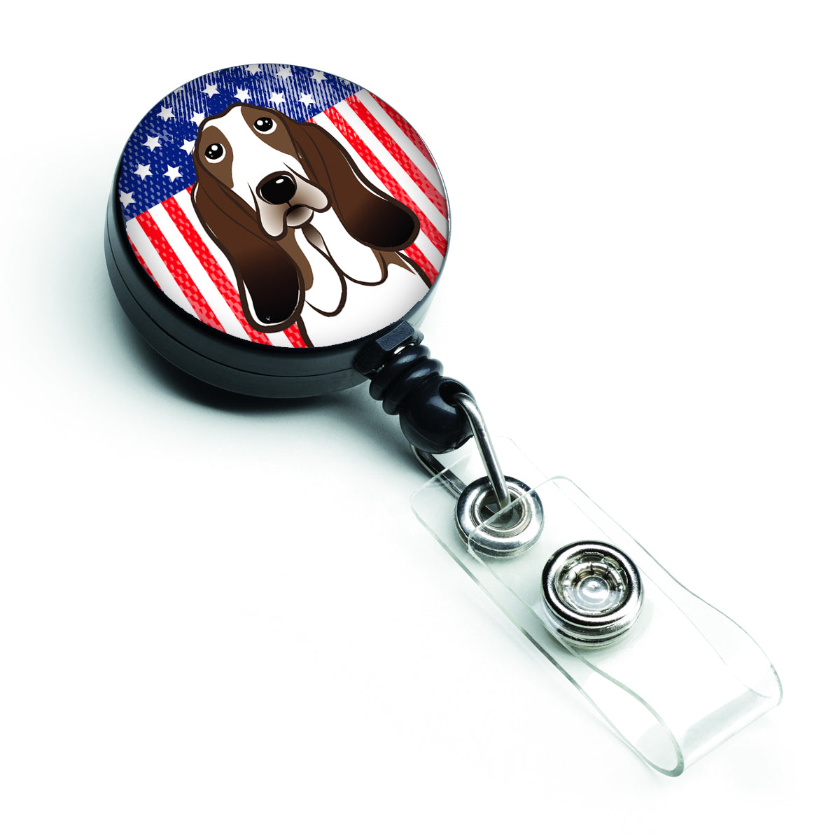 Bobine de badge rétractable drapeau américain et Basset Hound BB2173BR
