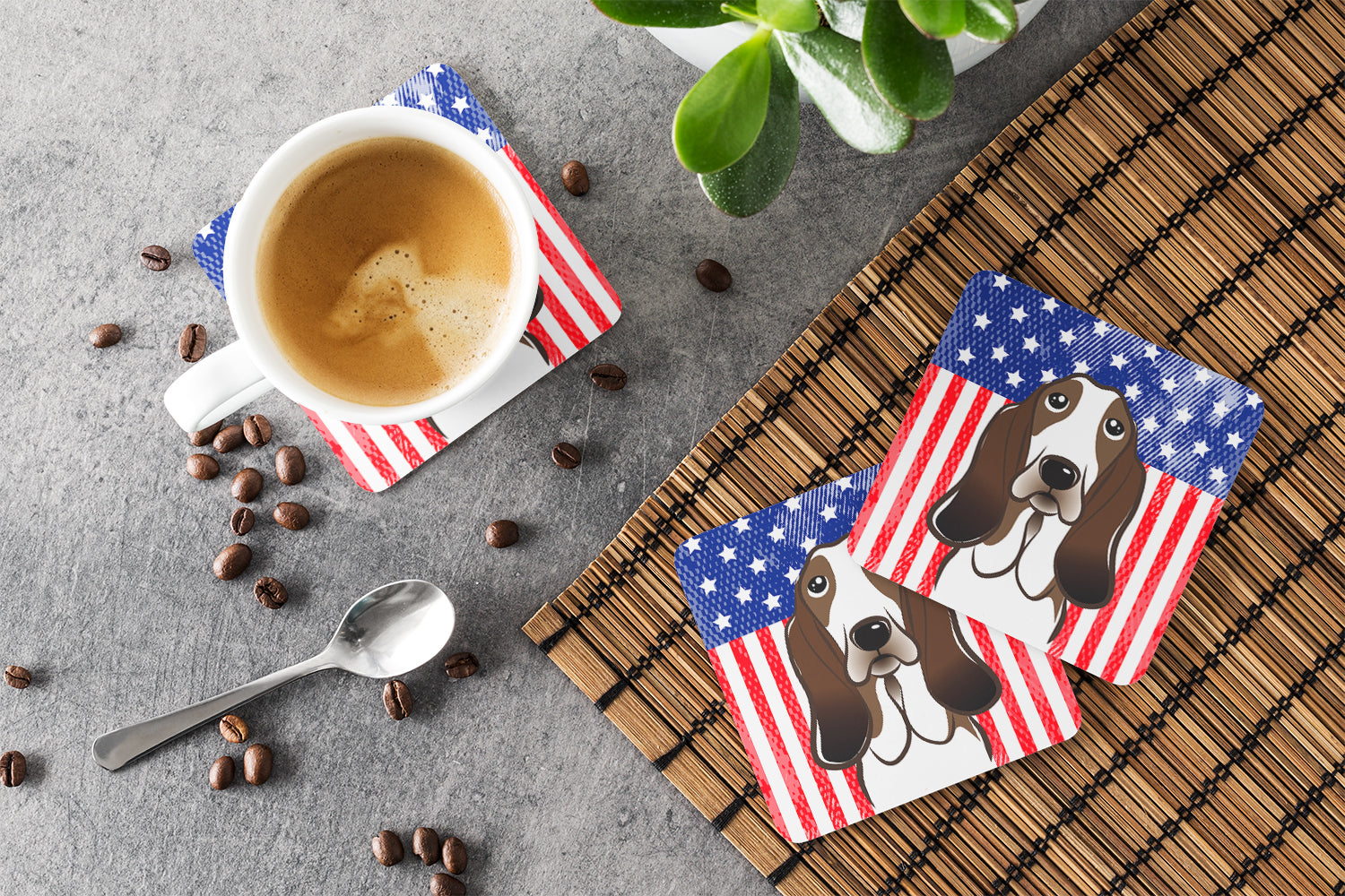American Flag and Basset Hound Foam Coaster Set of 4 - the-store.com