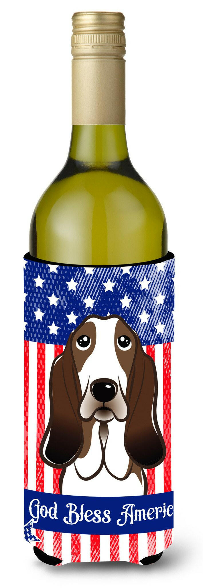 God Bless American Flag with Basset Hound Wine Bottle Beverage Insulator Hugger BB2173LITERK by Caroline&#39;s Treasures