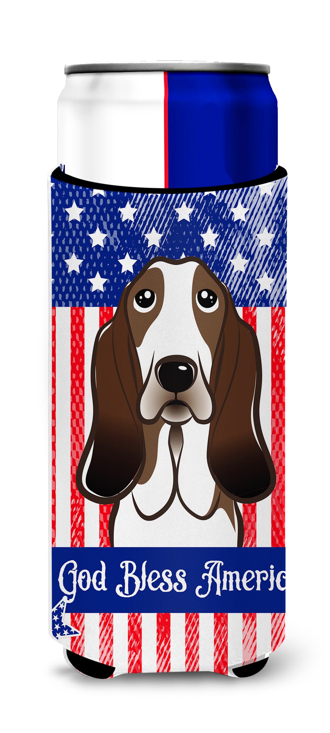 God Bless American Flag with Basset Hound  Ultra Beverage Insulator for slim cans BB2173MUK