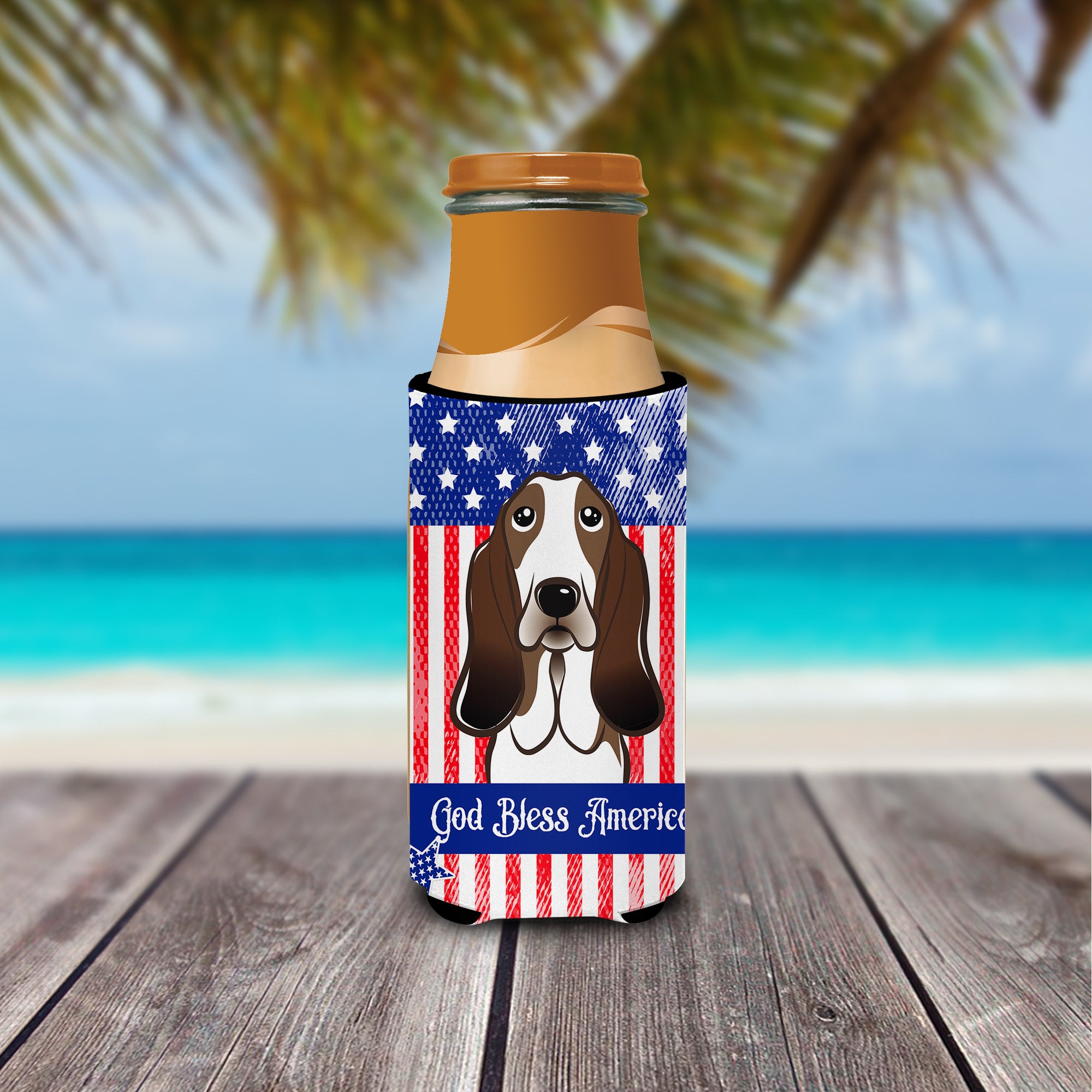 God Bless American Flag with Basset Hound  Ultra Beverage Insulator for slim cans BB2173MUK  the-store.com.