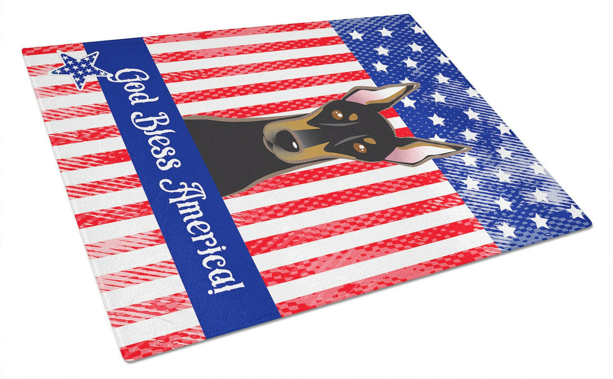 God Bless American Flag with Doberman Glass Cutting Board Large BB2175LCB by Caroline&#39;s Treasures