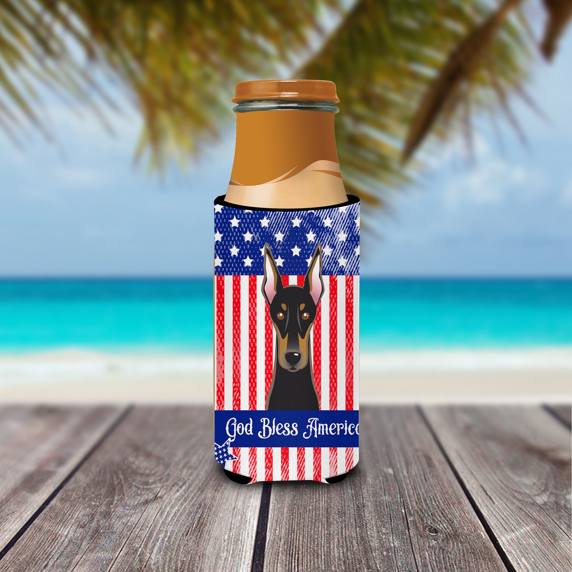 God Bless American Flag with Doberman  Ultra Beverage Insulator for slim cans BB2175MUK  the-store.com.