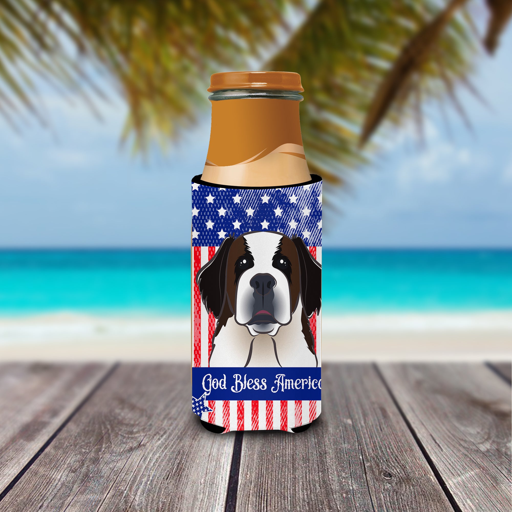 God Bless American Flag with Saint Bernard  Ultra Beverage Insulator for slim cans BB2176MUK  the-store.com.