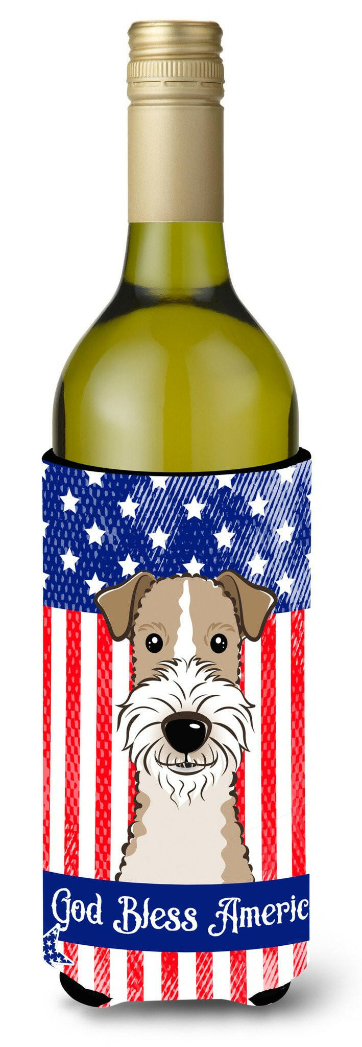 God Bless American Flag with Wire Haired Fox Terrier Wine Bottle Beverage Insulator Hugger BB2177LITERK by Caroline&#39;s Treasures