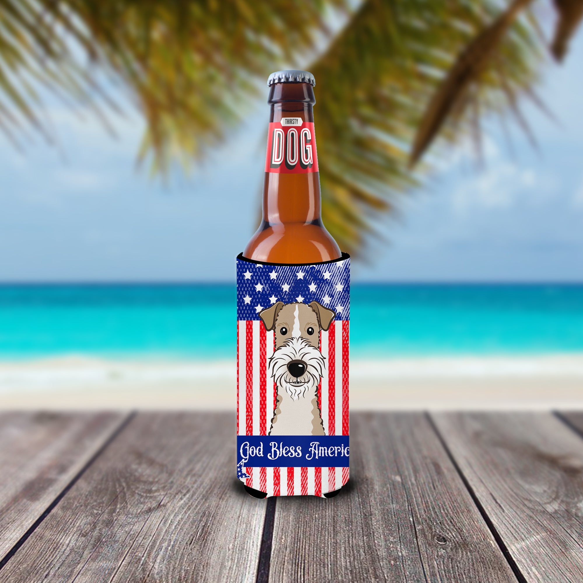 God Bless American Flag with Wire Haired Fox Terrier  Ultra Beverage Insulator for slim cans BB2177MUK  the-store.com.